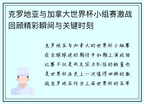 克罗地亚与加拿大世界杯小组赛激战回顾精彩瞬间与关键时刻